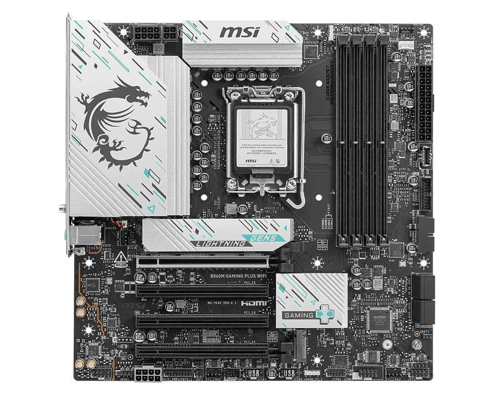 Placa madre MSI B860M GAMING PLUS WIFI, vista superior completa con socket LGA1851, cuatro ranuras DDR5 y ranuras PCIe
