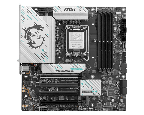 Placa madre MSI B860M GAMING PLUS WIFI, vista superior completa con socket LGA1851, cuatro ranuras DDR5 y ranuras PCIe