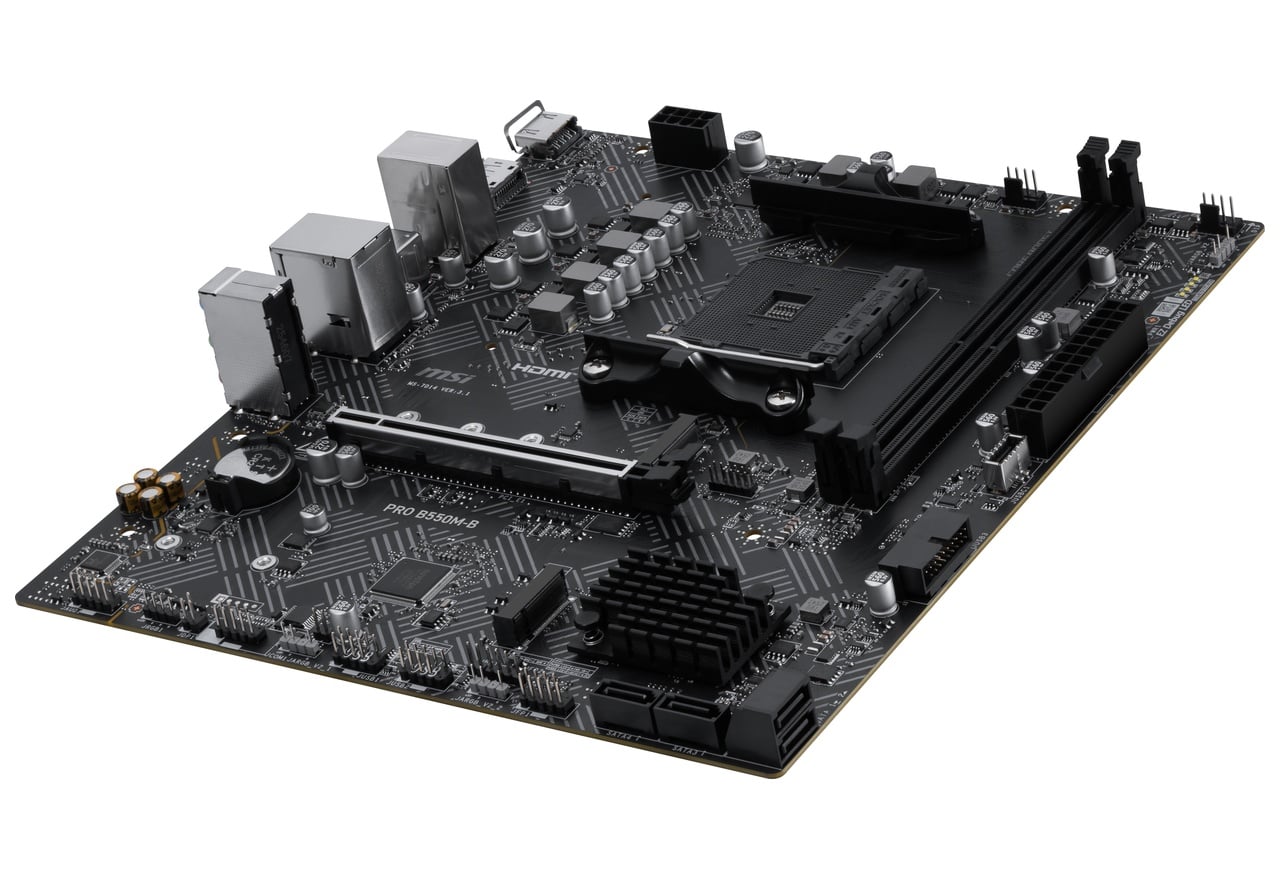 MSI PRO B550M-B placa madre AMD B550 AM4 vista angular