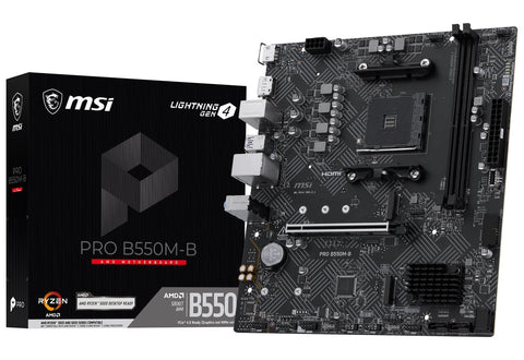 MSI PRO B550M-B placa madre AMD B550 AM4 vista principal con empaque