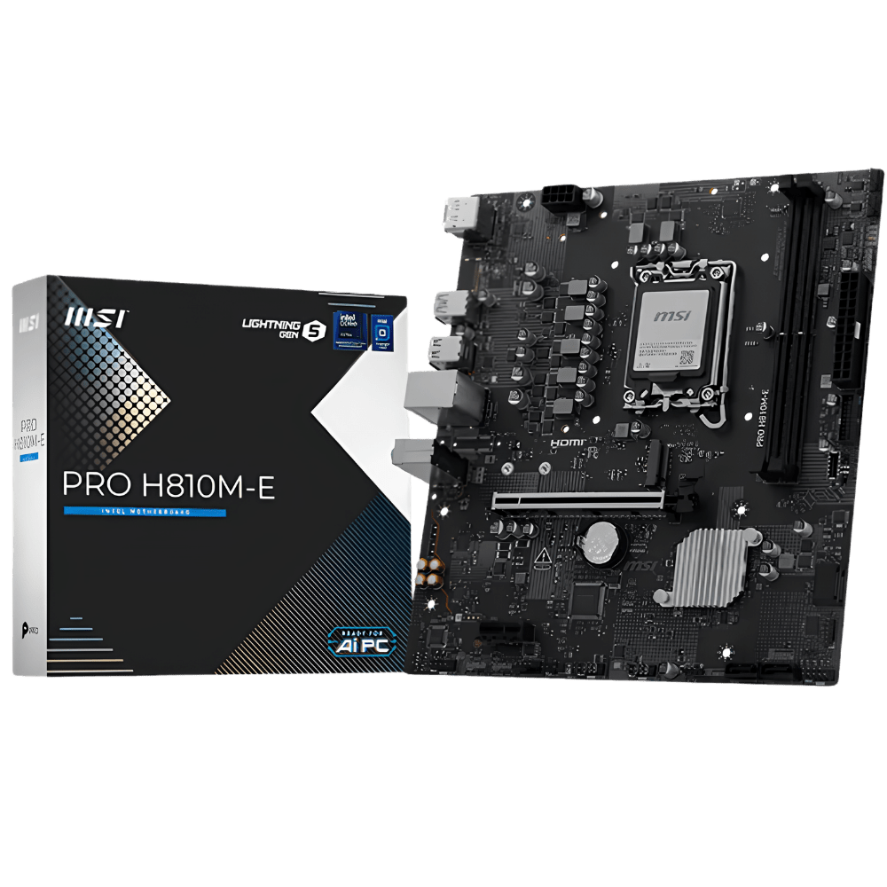 MSI PRO H810M-E placa madre Intel H810 LGA1851 vista frontal con empaque