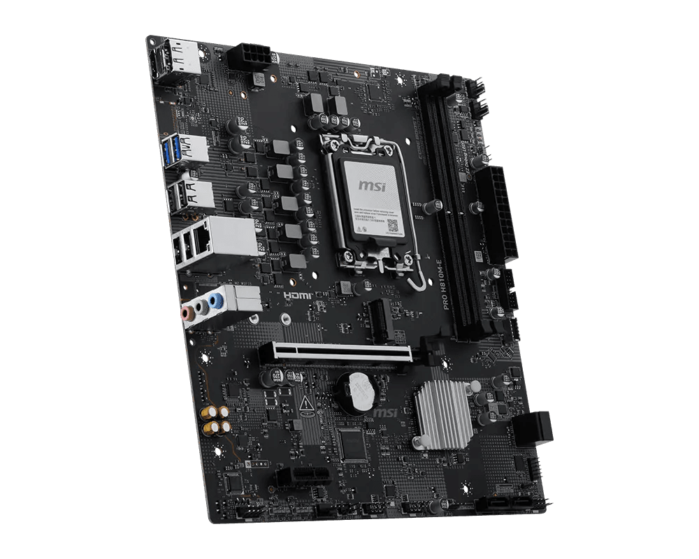 Placa madre MSI PRO H810M-E 824142454008, perspectiva desde el panel de conexiones