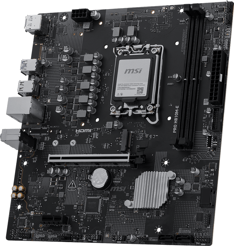 Placa madre MSI PRO H810M-E 824142454008, vista completa en perspectiva