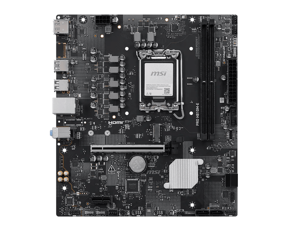 Placa madre MSI PRO H810M-E 824142454008, vista superior completa del socket y las ranuras