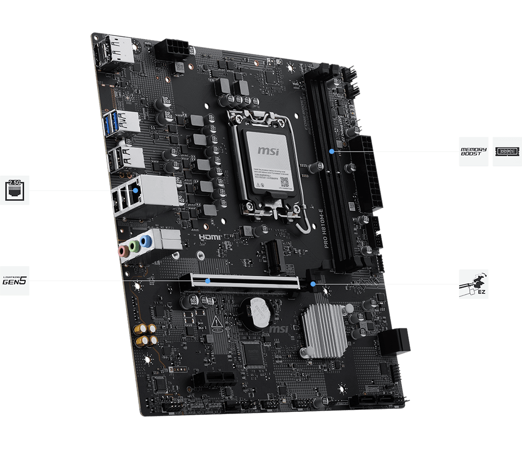 Placa madre MSI PRO H810M-E 824142454008, vista técnica con ranuras DDR5, PCIe y Ethernet identificadas