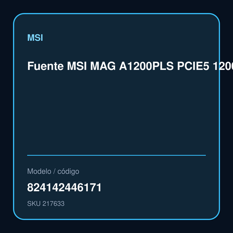 Fuente MSI MAG A1200PLS PCIE5 1200W 80 Plus Platinum Modular modelo 824142446171