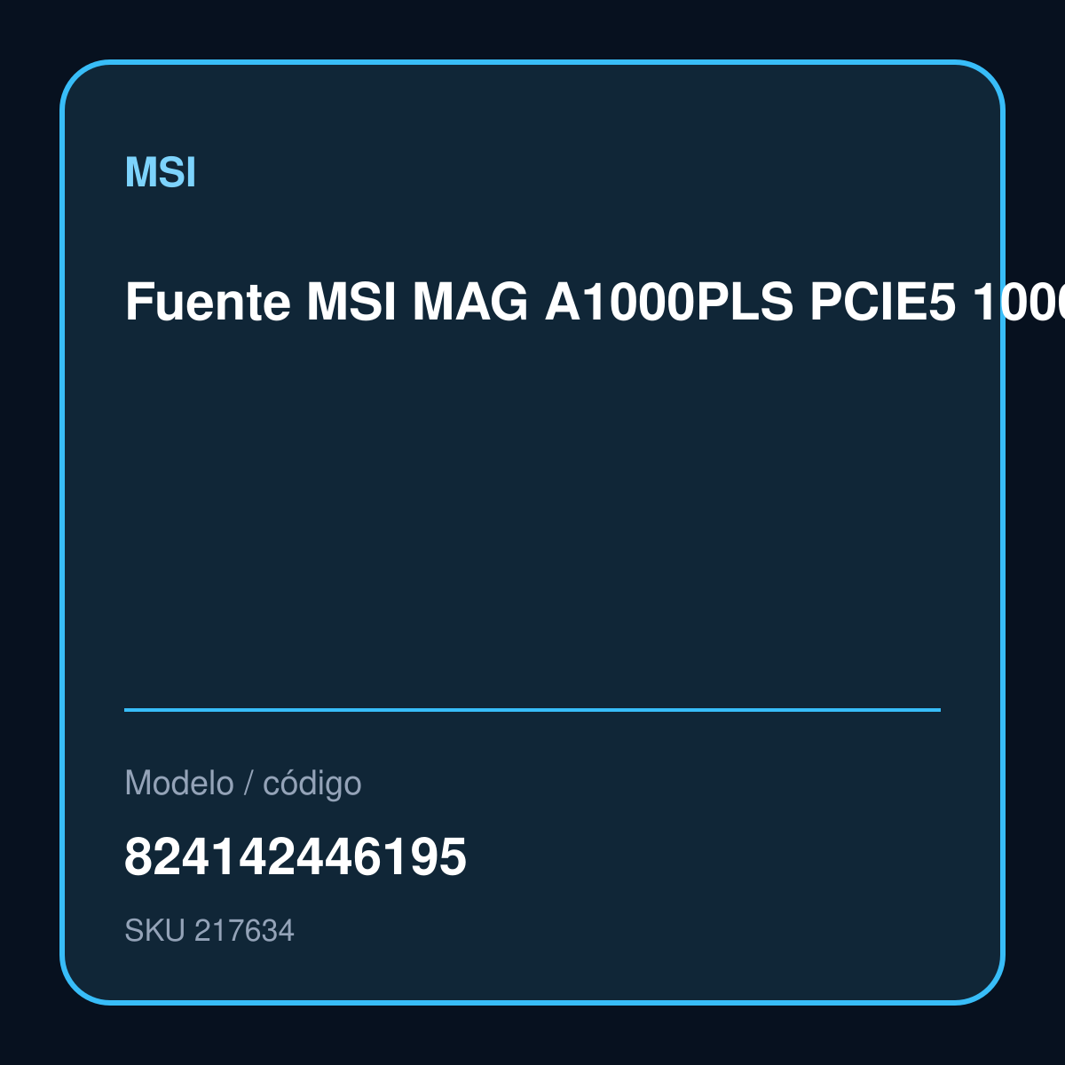 Fuente MSI MAG A1000PLS PCIE5 1000W 80 Plus Platinum Modular modelo 824142446195