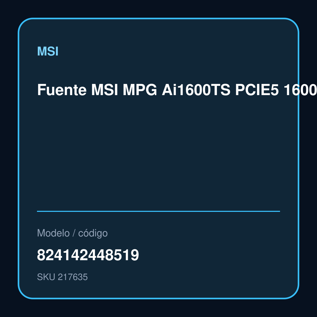 Fuente MSI MPG Ai1600TS PCIE5 1600W 80 Plus Titanium Modular modelo 824142448519