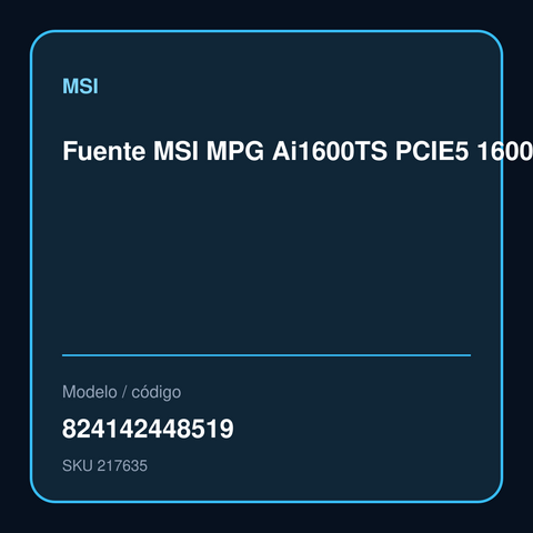 Fuente MSI MPG Ai1600TS PCIE5 1600W 80 Plus Titanium Modular modelo 824142448519