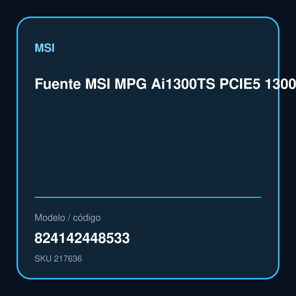 Fuente MSI MPG Ai1300TS PCIE5 1300W 80 Plus Titanium Modular modelo 824142448533