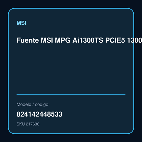 Fuente MSI MPG Ai1300TS PCIE5 1300W 80 Plus Titanium Modular modelo 824142448533