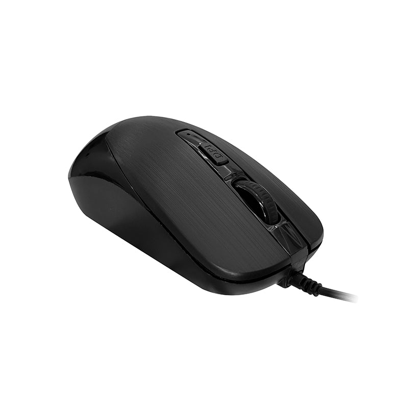 Mouse TEROS TE-5076N negro, vista en perspectiva del cuerpo y salida del cable
