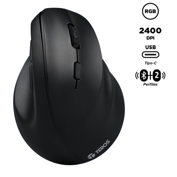 MOUSE TEROS TE-5169N, INALÁMBRICO DOBLE MODO: 2.4G+BLUETOOTH, 2400 DISPLAYPORTI, VERTICAL, NEGRO
