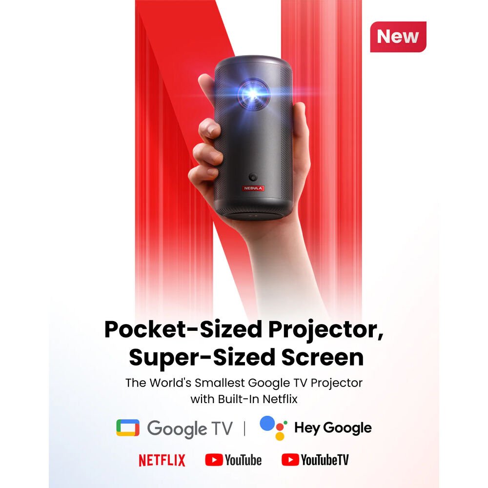 Proyector Portátil Inteligente NEBULA by Anker Capsule 3 - Full HD 1080p DLP LED - 200 ANSI Lúmenes - Google TV Integrado (Netflix Nativo) - Hasta 120" - Batería 2.5 Horas - Tecnología IEA (Autoenfoque y Keystone) de Nebula | first_variant_option_1 — Envío inmediato