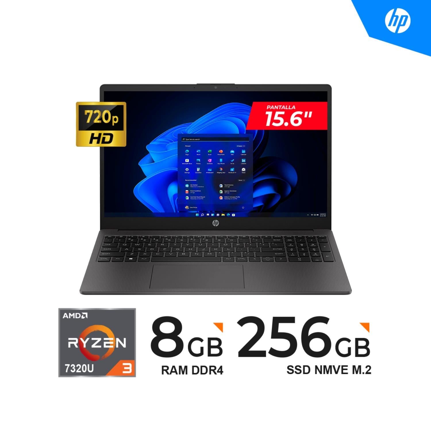 NOTEBOOK HP 255 G10 15.6" LCD LED HD SVA AMD RYZEN 3 7320U 8GB LPDDR5 - 5500 BF9X1ATABM - SMART BUSINESS