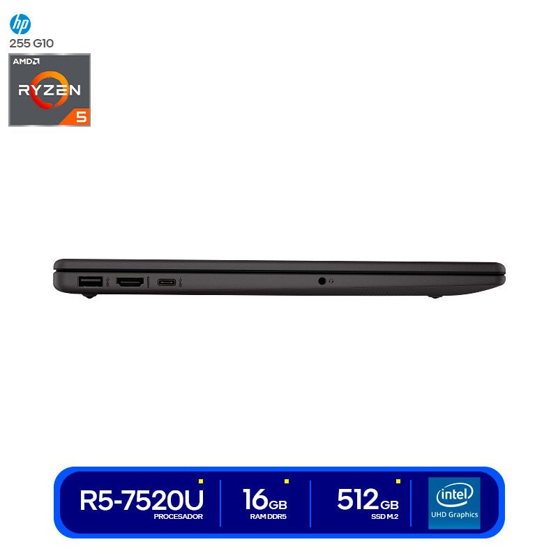 NOTEBOOK HP 255 G10, 15.6" LCD LED HD SVA, AMD RYZEN 5 7520U 2.8 / 4.3GHZ, 16GB RAM BF9Z9ATABM - SMART BUSINESS