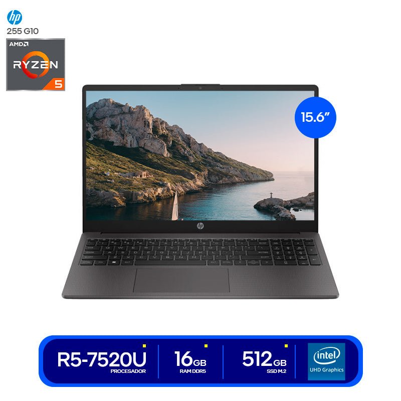 NOTEBOOK HP 255 G10, 15.6" LCD LED HD SVA, AMD RYZEN 5 7520U 2.8 / 4.3GHZ, 16GB RAM BF9Z9ATABM - SMART BUSINESS