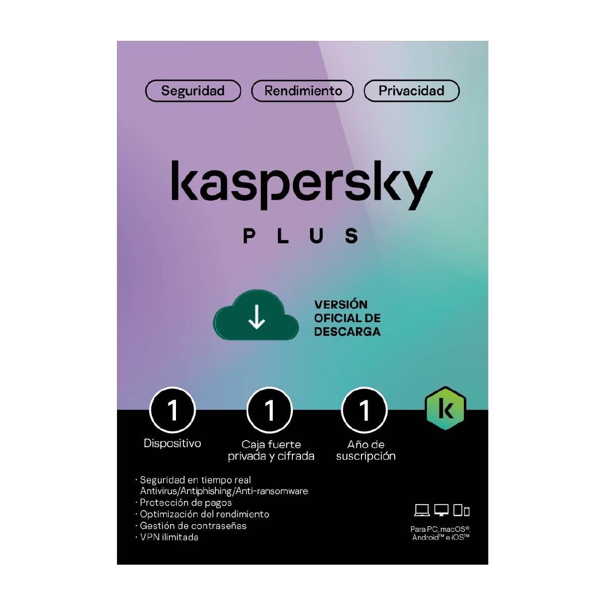 SOFTWARE ANTIVIRUS KASPERSKY PLUS LATAM PROTECCIÓN 10 DISPOSITIVOS 5 CUENTAS KPM 1 AÑO