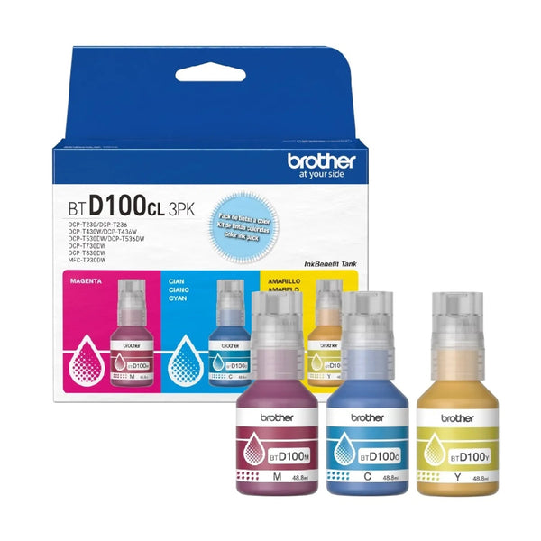 PACK 3 BOTELLAS DE TINTA COLOR PARA IMPRESORAS BROTHER – CIAN, MAGENTA Y AMARILLO BTD100CL3PK-Q2 - SMART BUSINESS