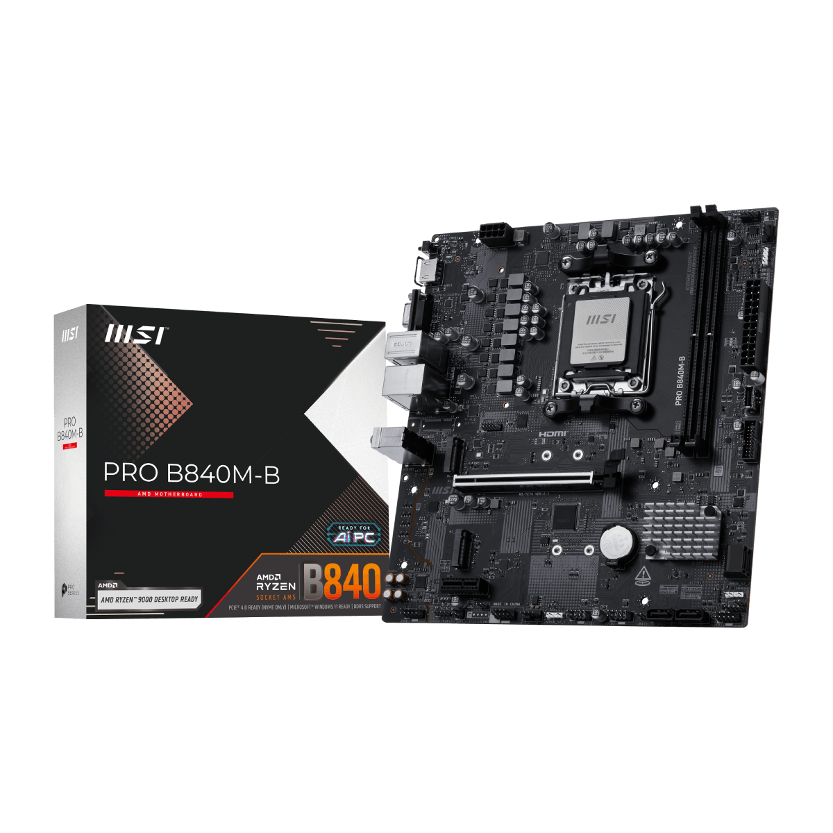 PLACA MADRE MSI PRO B840M-B PARA SOCKET AM5 CON SOPORTE DDR5 Y RED 2.5 GB – FORMATO MATX, PREPARADA PARA RYZEN 9000/8000/7000