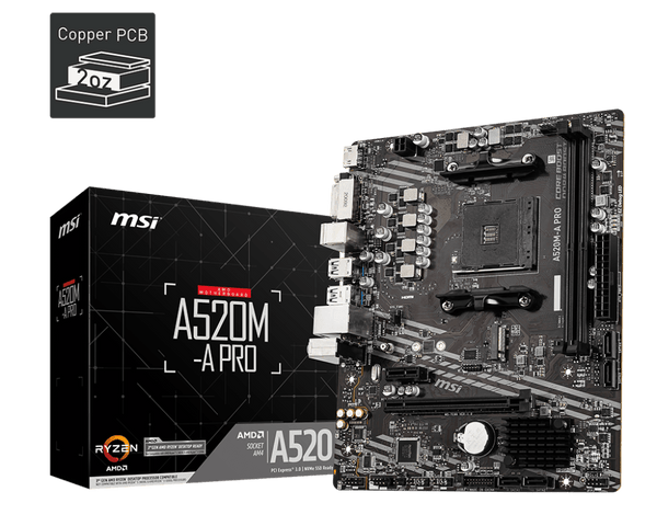 PLACA MADRE MSI A520M - A PRO • CHIPSET AMD A520 • SOPORTE PARA PROCESADORES RYZEN • FORMATO MICRO - ATX • DDR4 • CONEXIONES ESTABLES Y RENDIMIENTO CONFIABLE PARA PC A520M-A-PRO - SMART BUSINESS