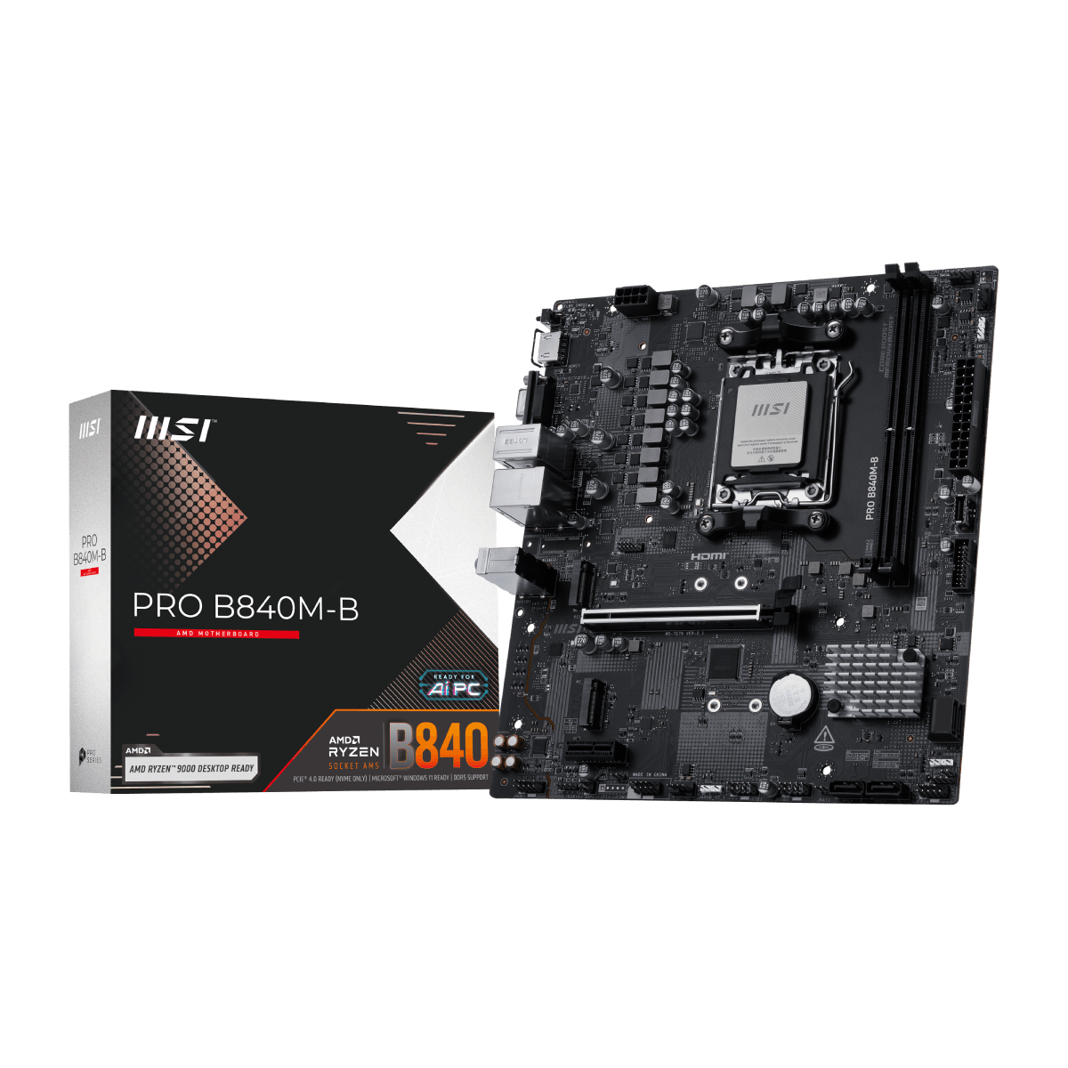PLACA MADRE MSI PRO B840M - B PARA SOCKET AM5 CON SOPORTE DDR5 Y RED 2.5 GB – FORMATO MATX, PREPARADA PARA RYZEN 9000/8000/7000 911-7E76-002 - SMART BUSINESS