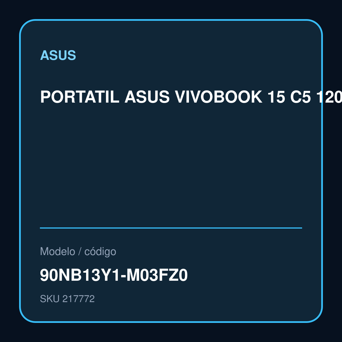 PORTATIL ASUS VIVOBOOK 15 C5 120U 1.4 GHz - 512GB SSD - 8GB - 15.6FHD - QUIET BLUE + MOCHILA+MOUSE PORTATIL ASUS VIVOBOOK 15 C5 120U 1.4 GHz - 512GB SSD - 8GB - 15.6FHD - QUIET BLUE + MOCHILA+MOUSE Garantía 1 año – 90NB13Y1-M03FZ0