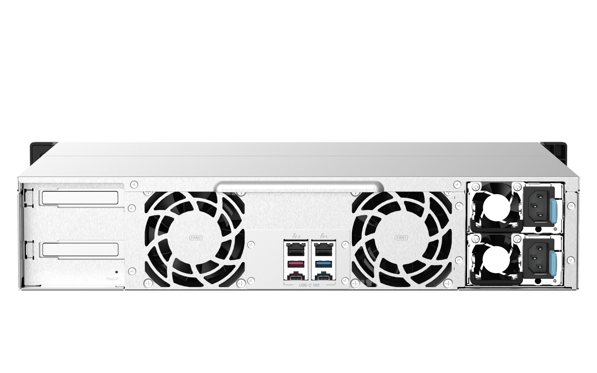 QNAP TS-1273AU-RP-8G-US, vista posterior con puertos 2.5GbE, USB, dos ranuras PCIe y fuentes redundantes
