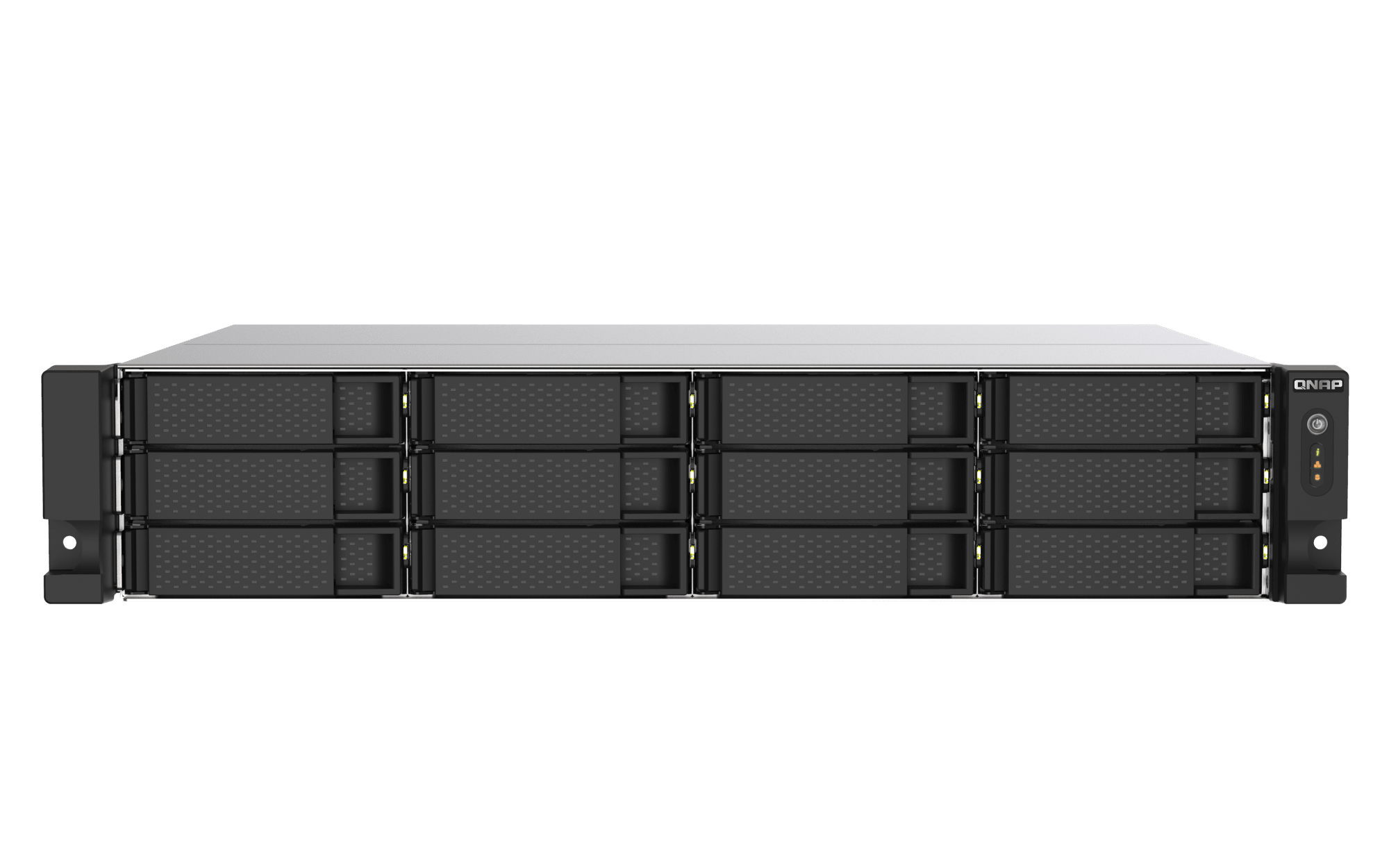 QNAP TS-1273AU-RP-8G-US, vista frontal de las 12 bahías SATA