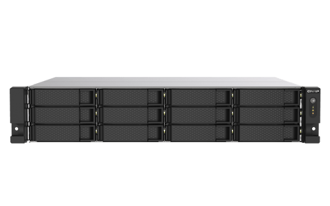 QNAP TS-1273AU-RP-8G-US, vista frontal de las 12 bahías SATA