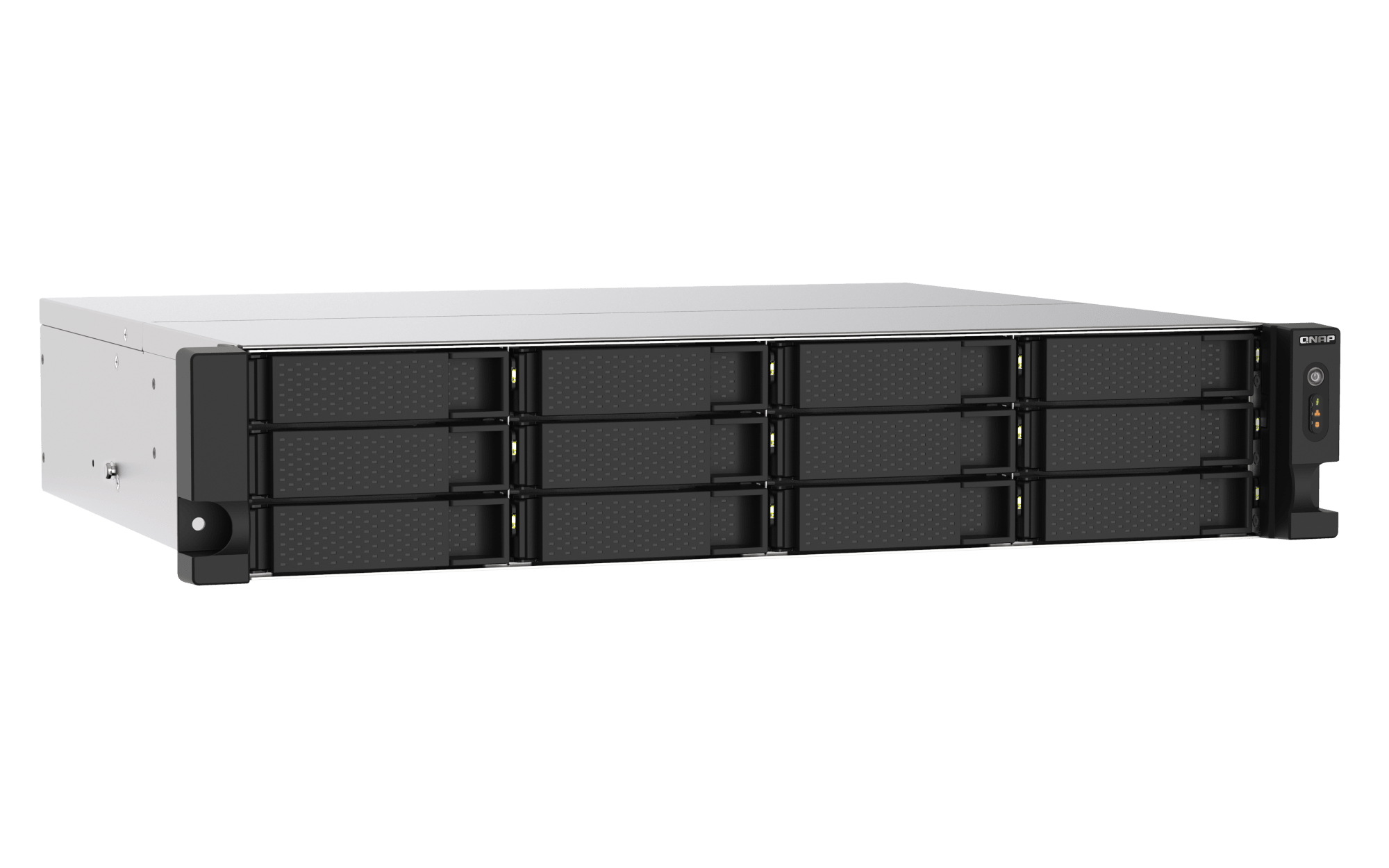 QNAP TS-1273AU-RP-8G-US, vista superior y lateral izquierda del chasis rack 2U