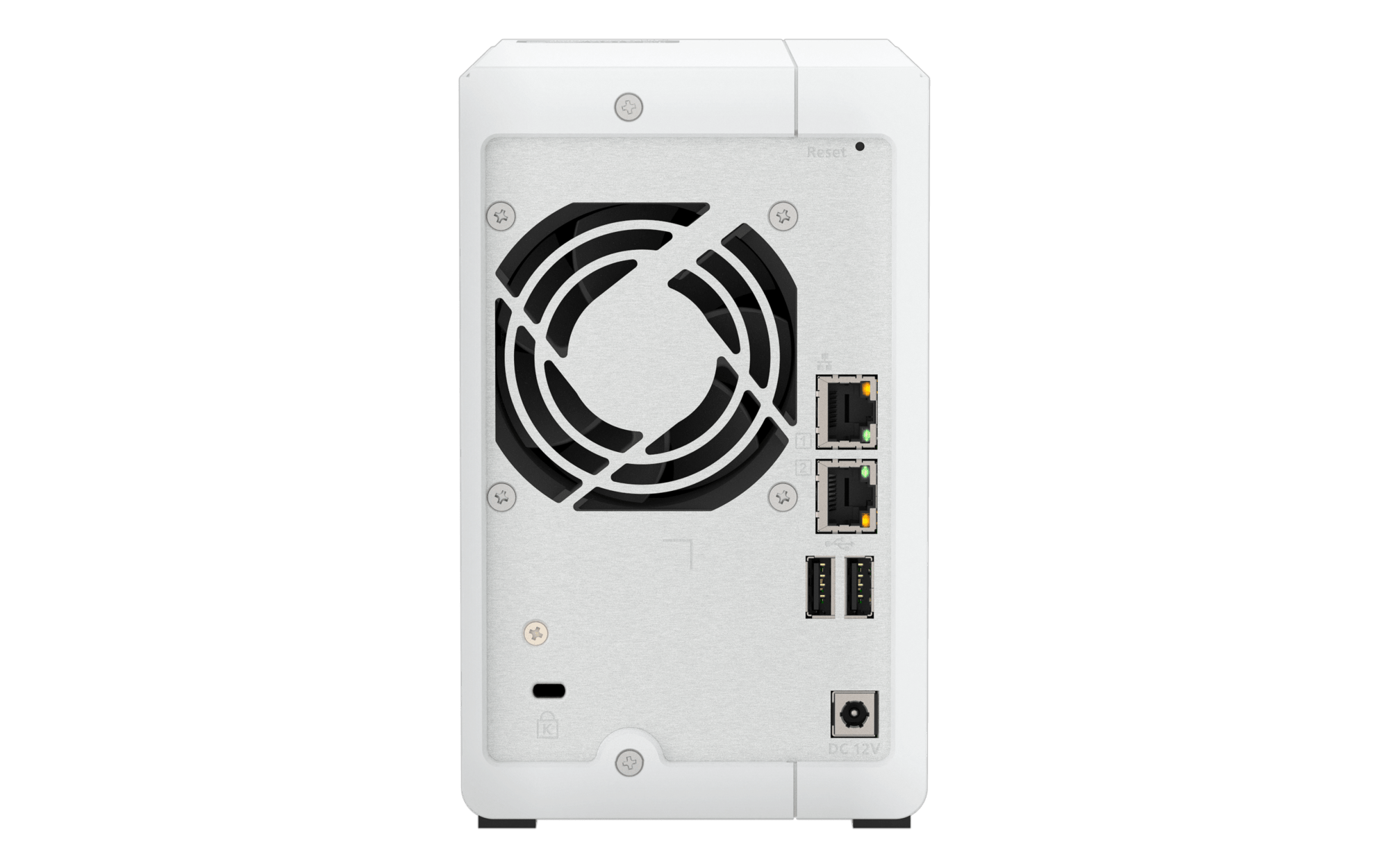 QNAP TS-216G-US, vista posterior con conexiones y ventilación
