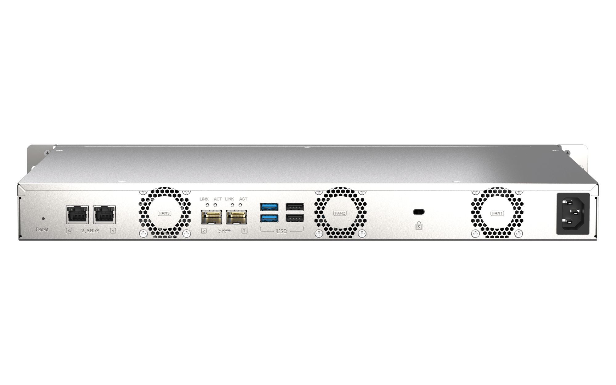 QNAP TS-435XEU-4G-US, vista posterior con conexiones y ventilación