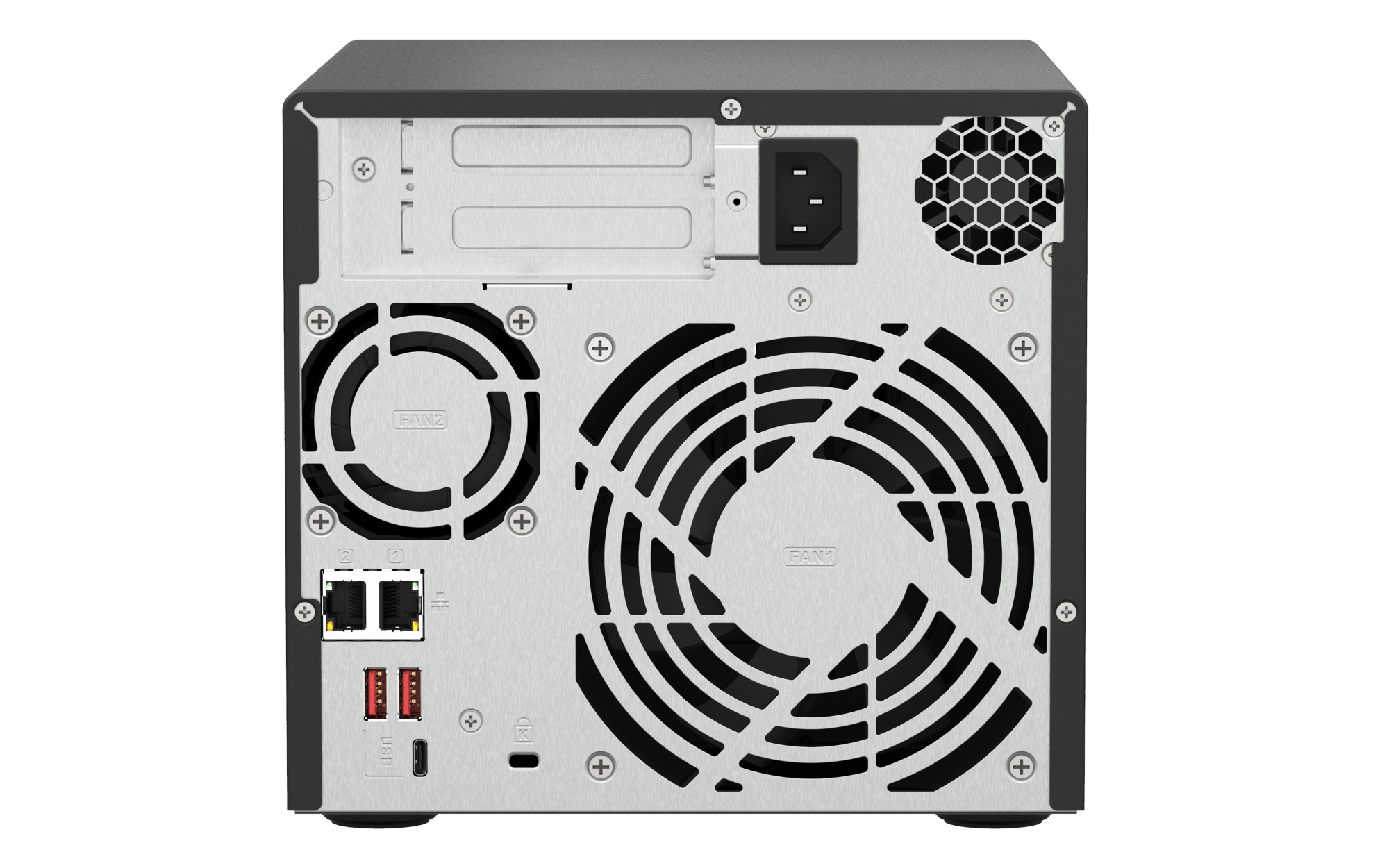 QNAP TS-473A-8G-US, vista posterior con conexiones y ventilación