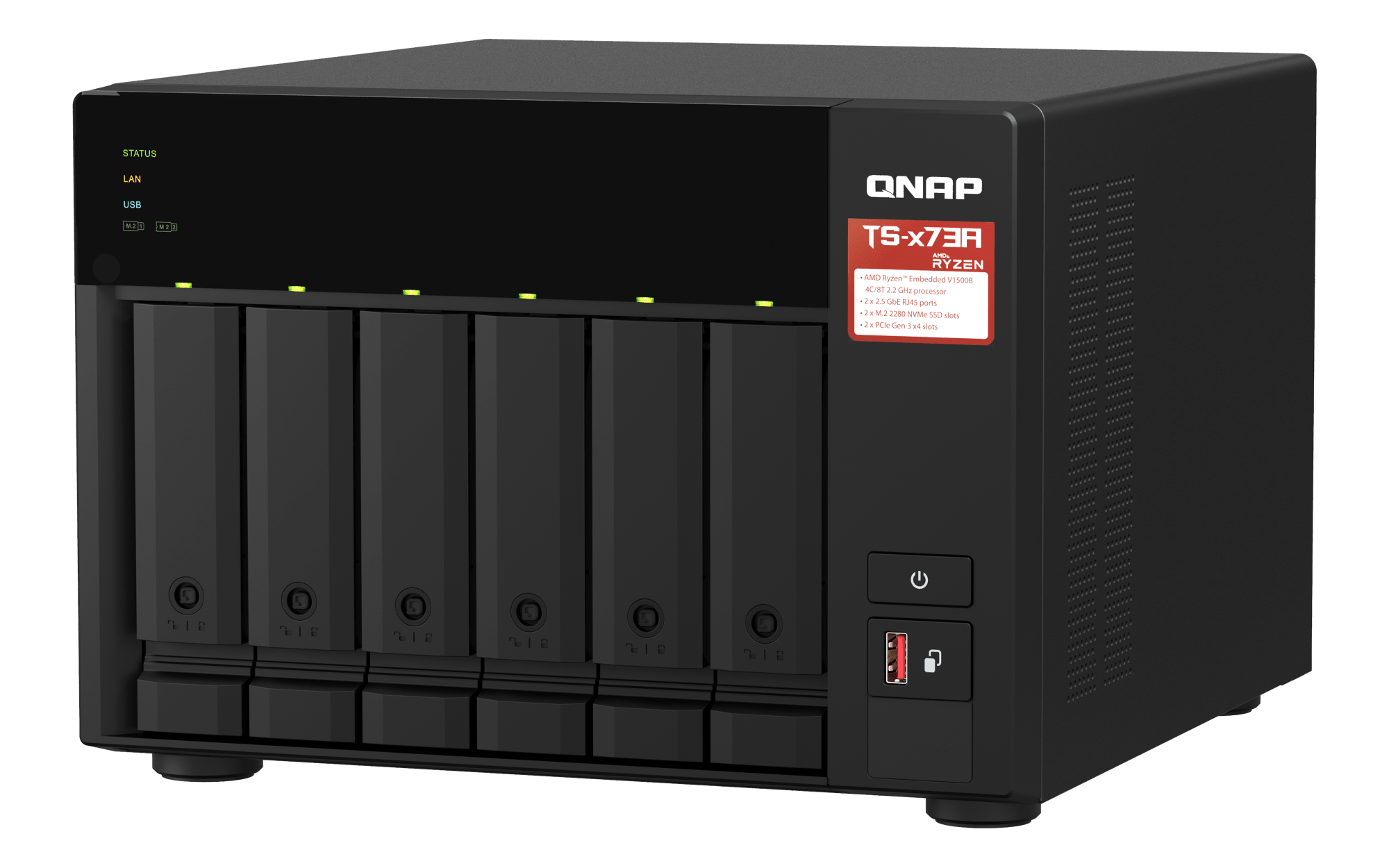 QNAP TS-673A-8G-US, vista superior derecha