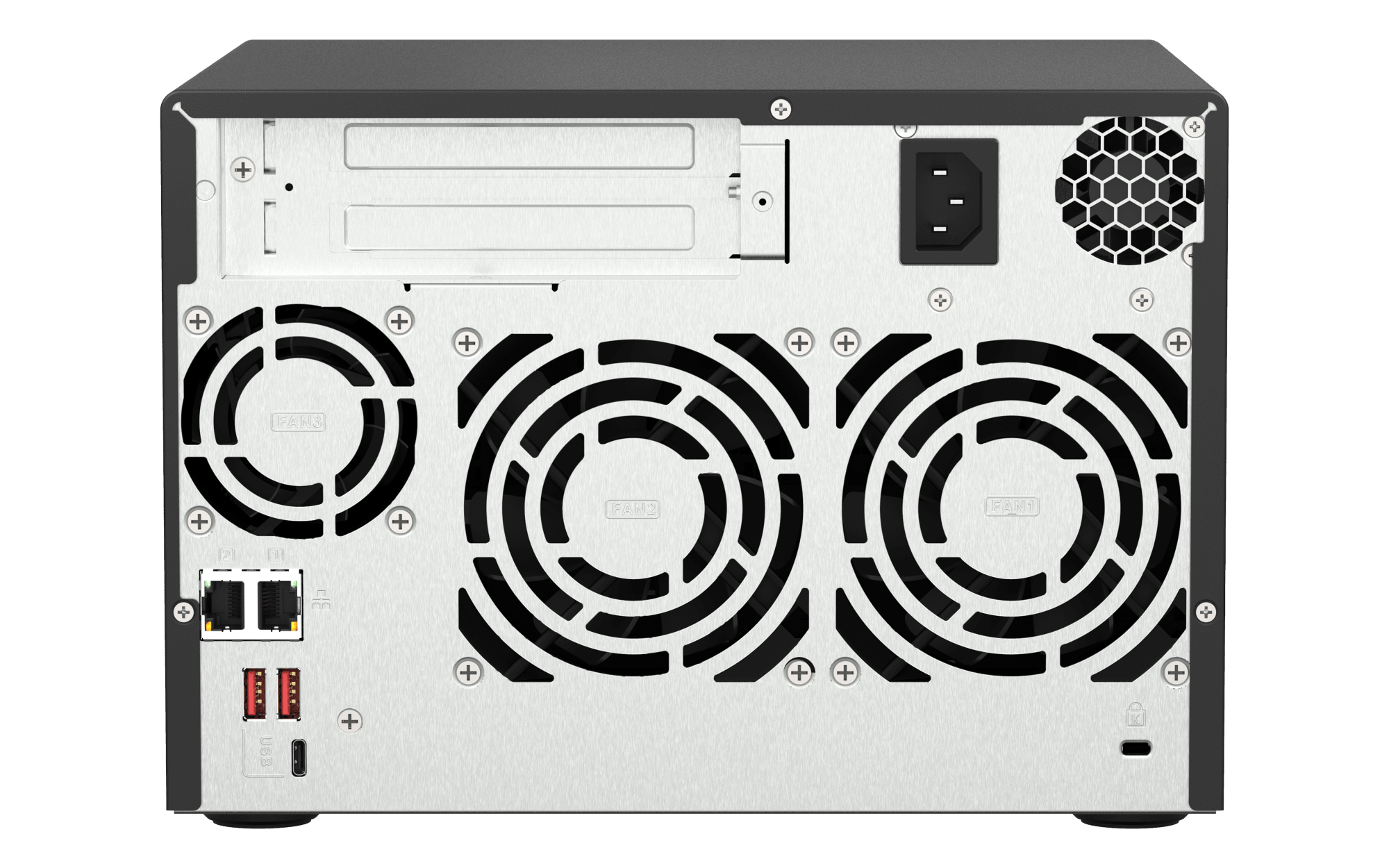 QNAP TS-673A-8G-US, vista posterior con conexiones y ventilación