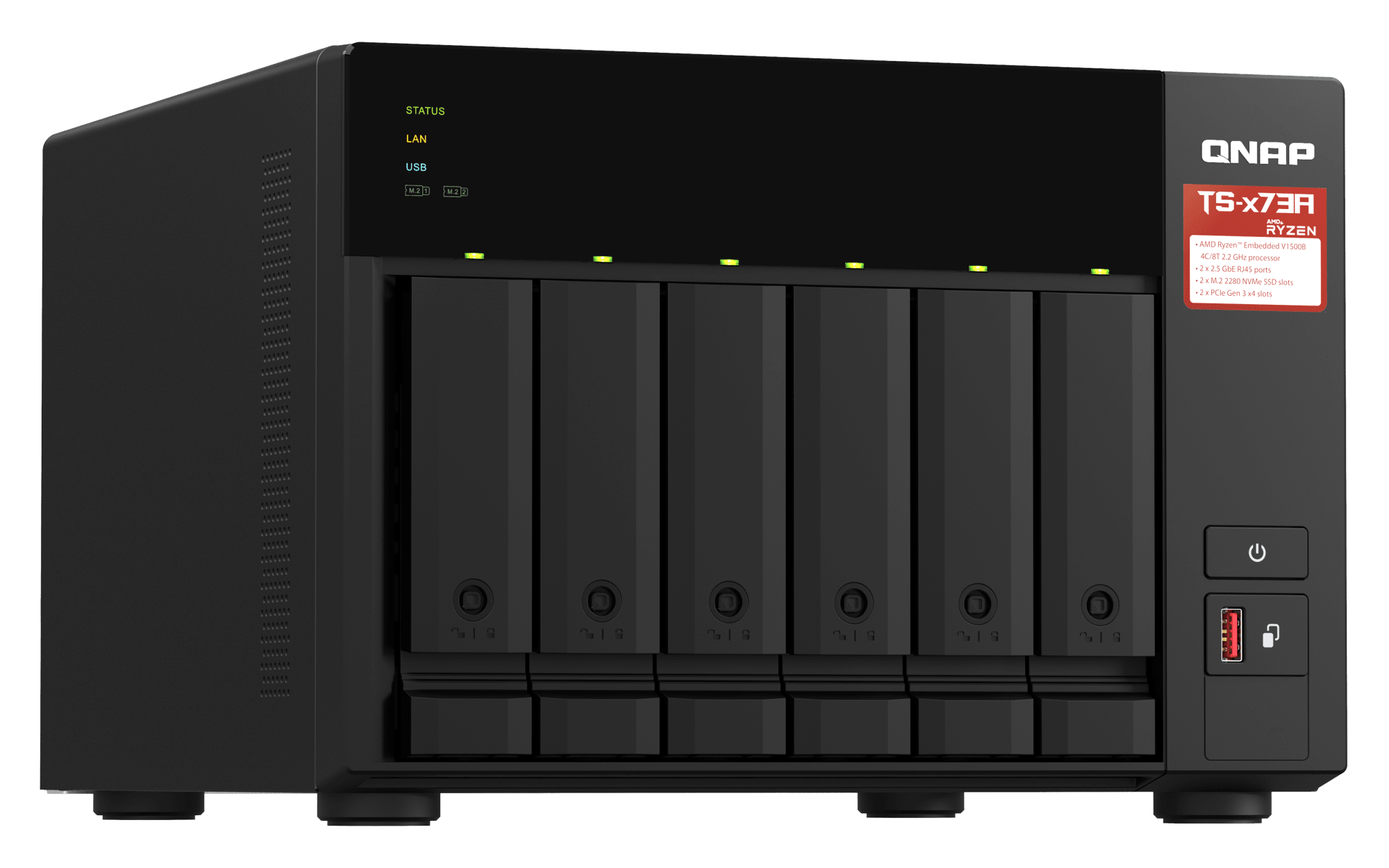 QNAP TS-673A-8G-US, vista frontal izquierda
