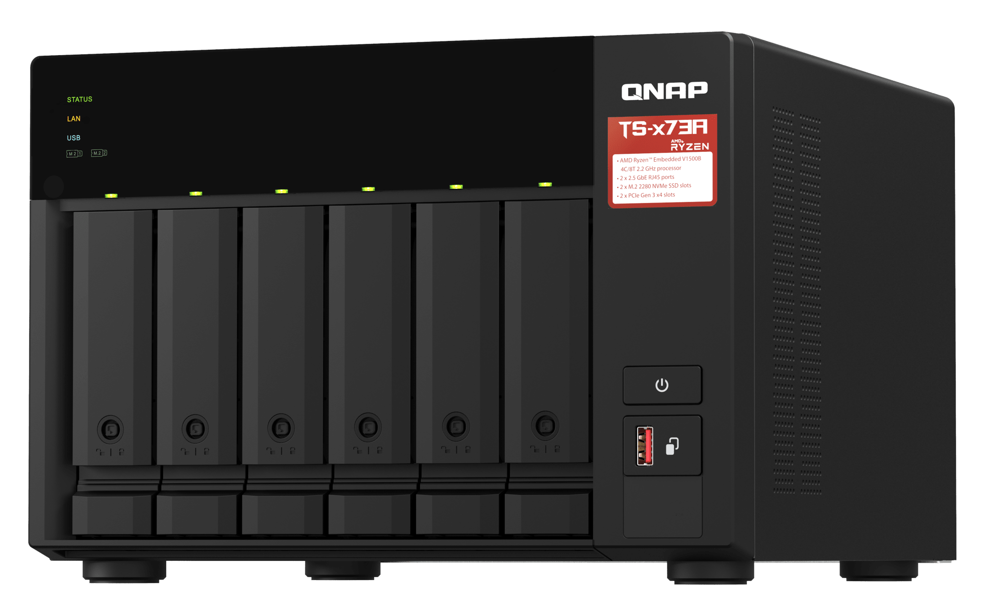 QNAP TS-673A-8G-US, vista frontal derecha