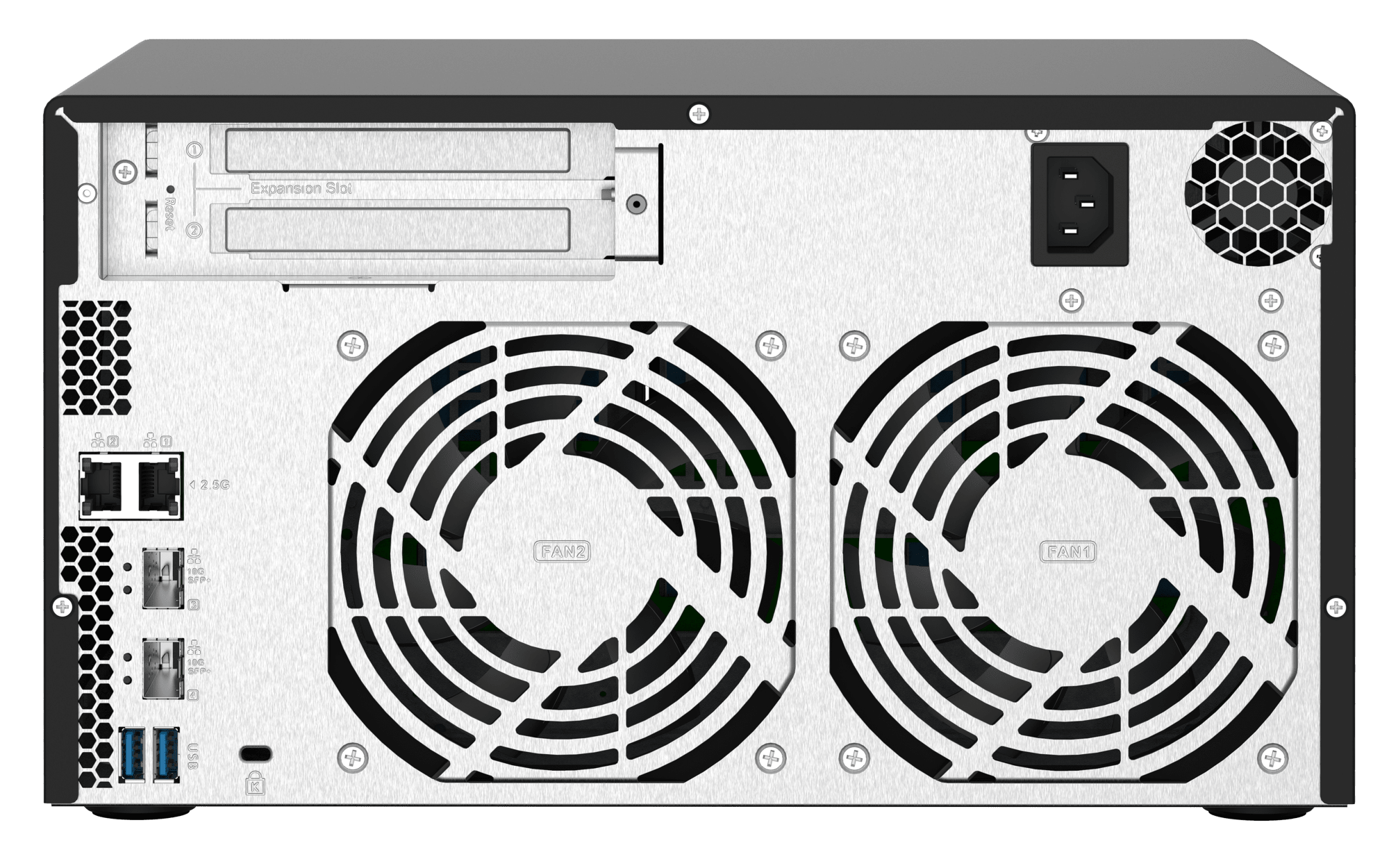 QNAP TS-832PX-4G-US, vista posterior con conexiones y ventilación
