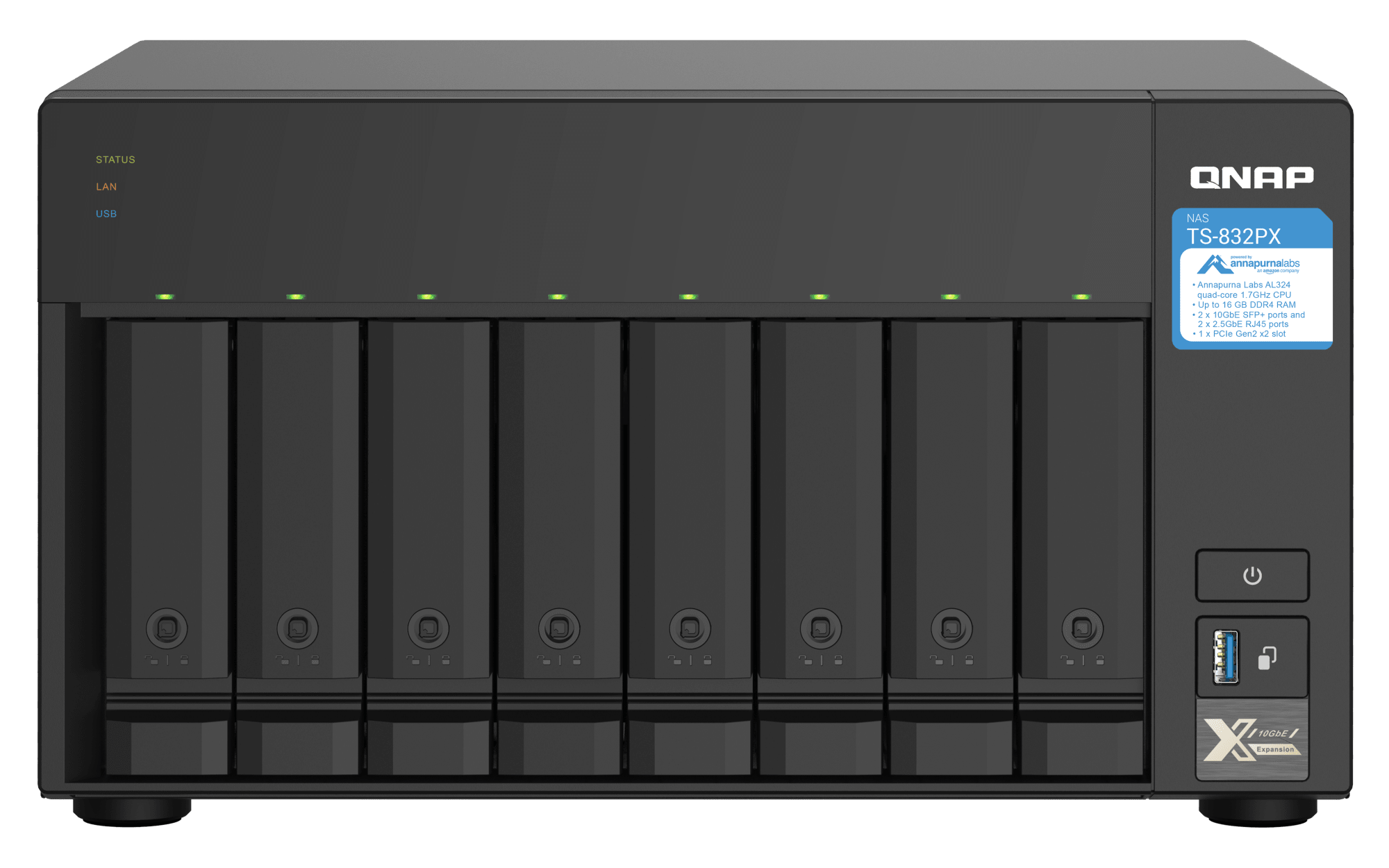 QNAP TS-832PX-4G-US, vista frontal de las 8 bahías