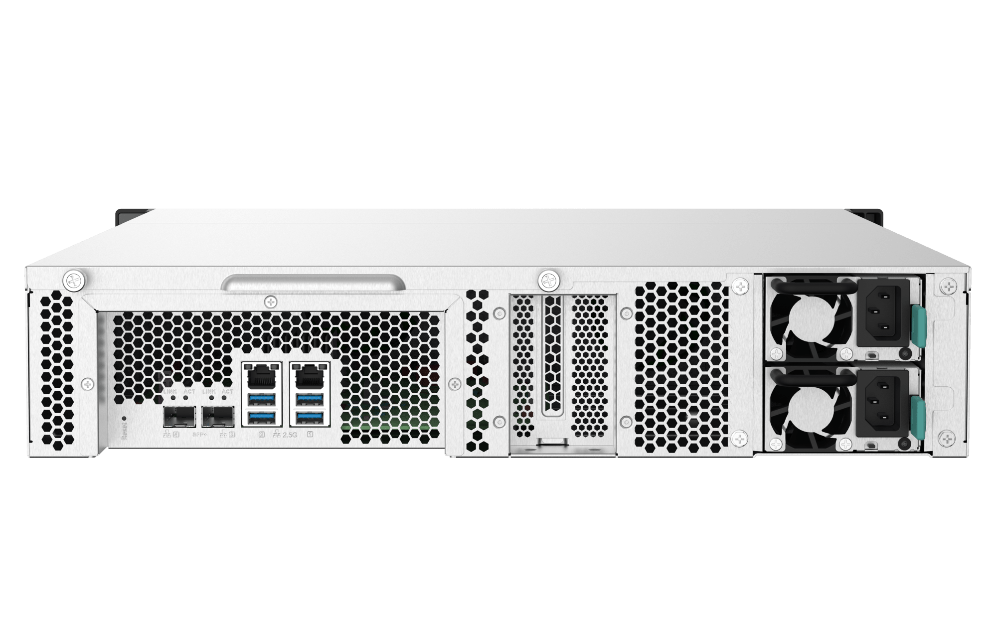 Servidor NAS QNAP TS-832PXU-RP-4G-US, vista posterior con dos fuentes redundantes y puertos SFP+, RJ-45 y USB