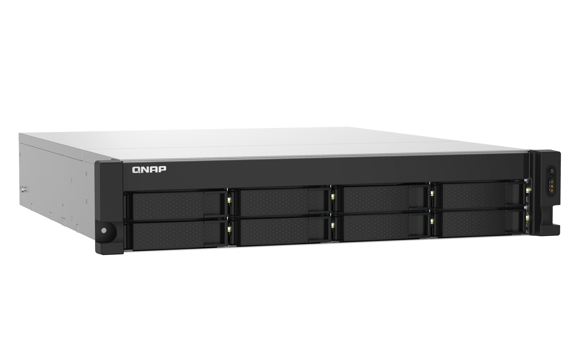 Servidor NAS QNAP TS-832PXU-RP-4G-US, vista superior y lateral izquierda del chasis rack 2U