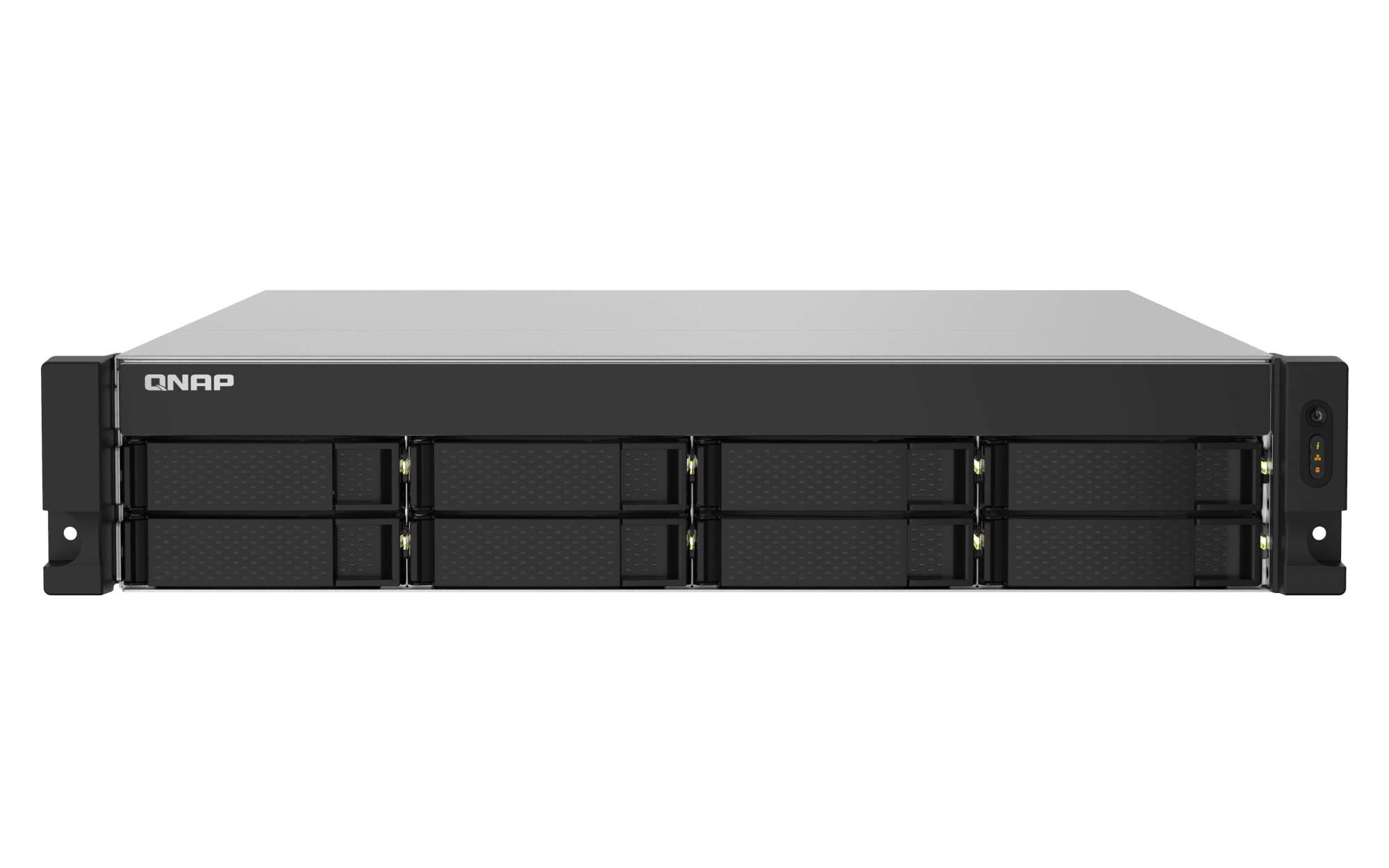 Servidor NAS QNAP TS-832PXU-RP-4G-US, vista frontal de las ocho bahías SATA