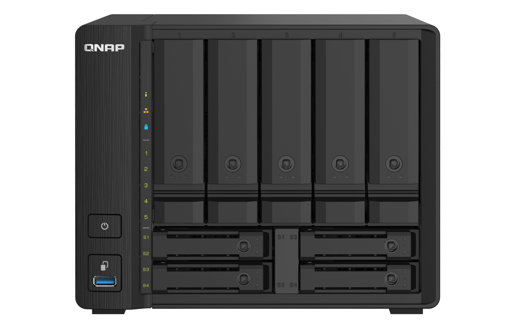QNAP TS-932PX-4G-US, vista frontal de las 9 bahías