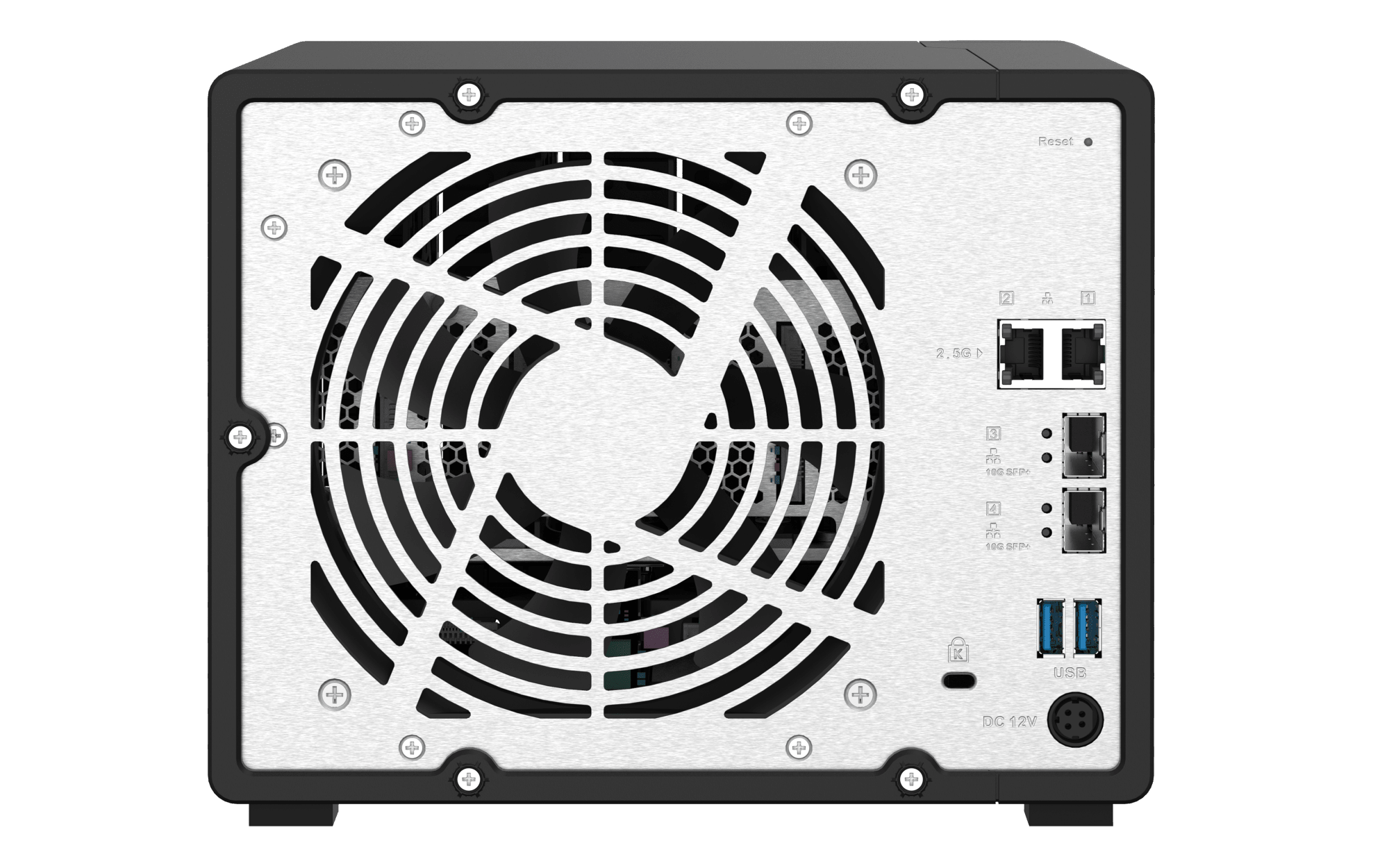 QNAP TS-932PX-4G-US, vista posterior con conexiones y ventilación