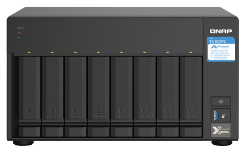 QNAP TS-832PX-4G-US, vista frontal de las 8 bahías