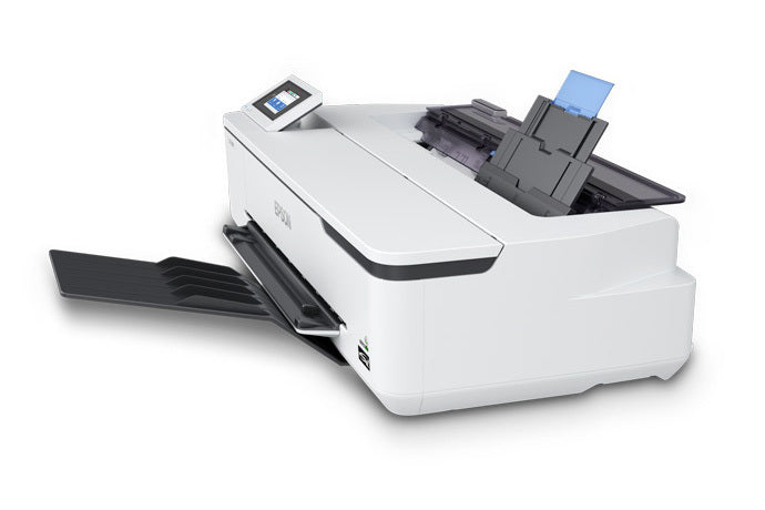 Impresora Epson SureColor T3170 SCT3170SR vista en tres cuartos con alimentador de hojas y bandeja extendidos