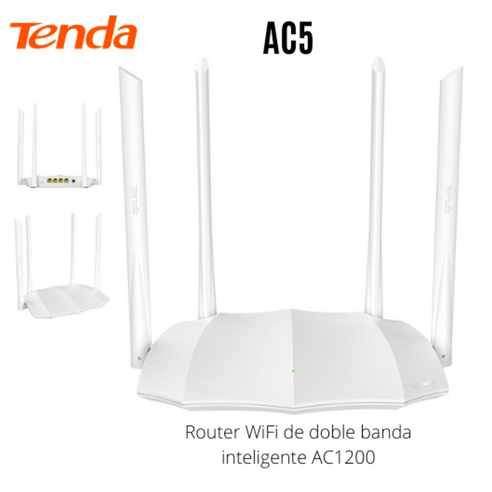 ROUTER WIFI TENDA AC5 SMART DUAL BAND CON 4 ANTENAS 5DBI, 300 MBPS EN 2.4GHZ + 867 MBPS EN 5GHZ, 1 WAN Y 3 LAN PARA HOGAR Y OFICINA AC5 - SMART BUSINESS