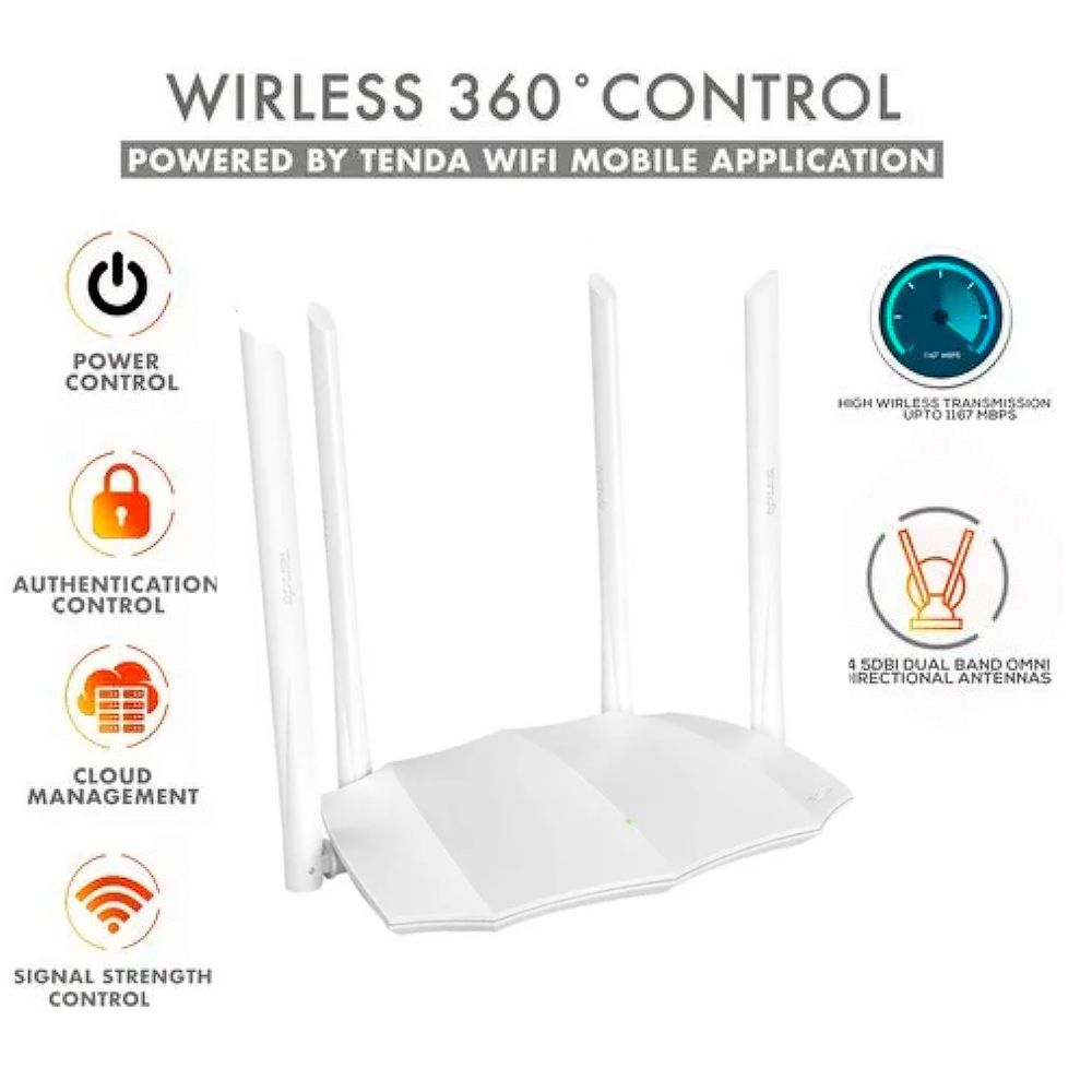 ROUTER WIFI TENDA AC5 SMART DUAL BAND CON 4 ANTENAS 5DBI, 300 MBPS EN 2.4GHZ + 867 MBPS EN 5GHZ, 1 WAN Y 3 LAN PARA HOGAR Y OFICINA AC5 - SMART BUSINESS