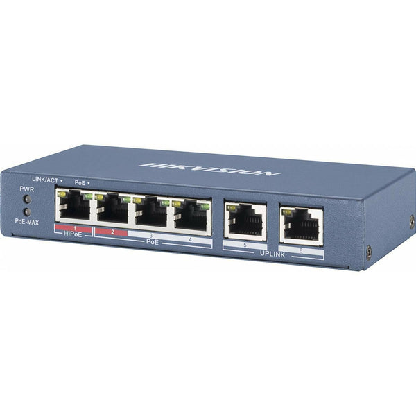 HIKVISION DS-3E0106HP-E (O-STD) – SWITCH DE RED 4 PUERTOS POE CONECTIVIDAD CONFIABLE Y ADMINISTRACIÓN SENCILLA IDEAL PARA CÁMARAS IP Y REDES PEQUEÑAS